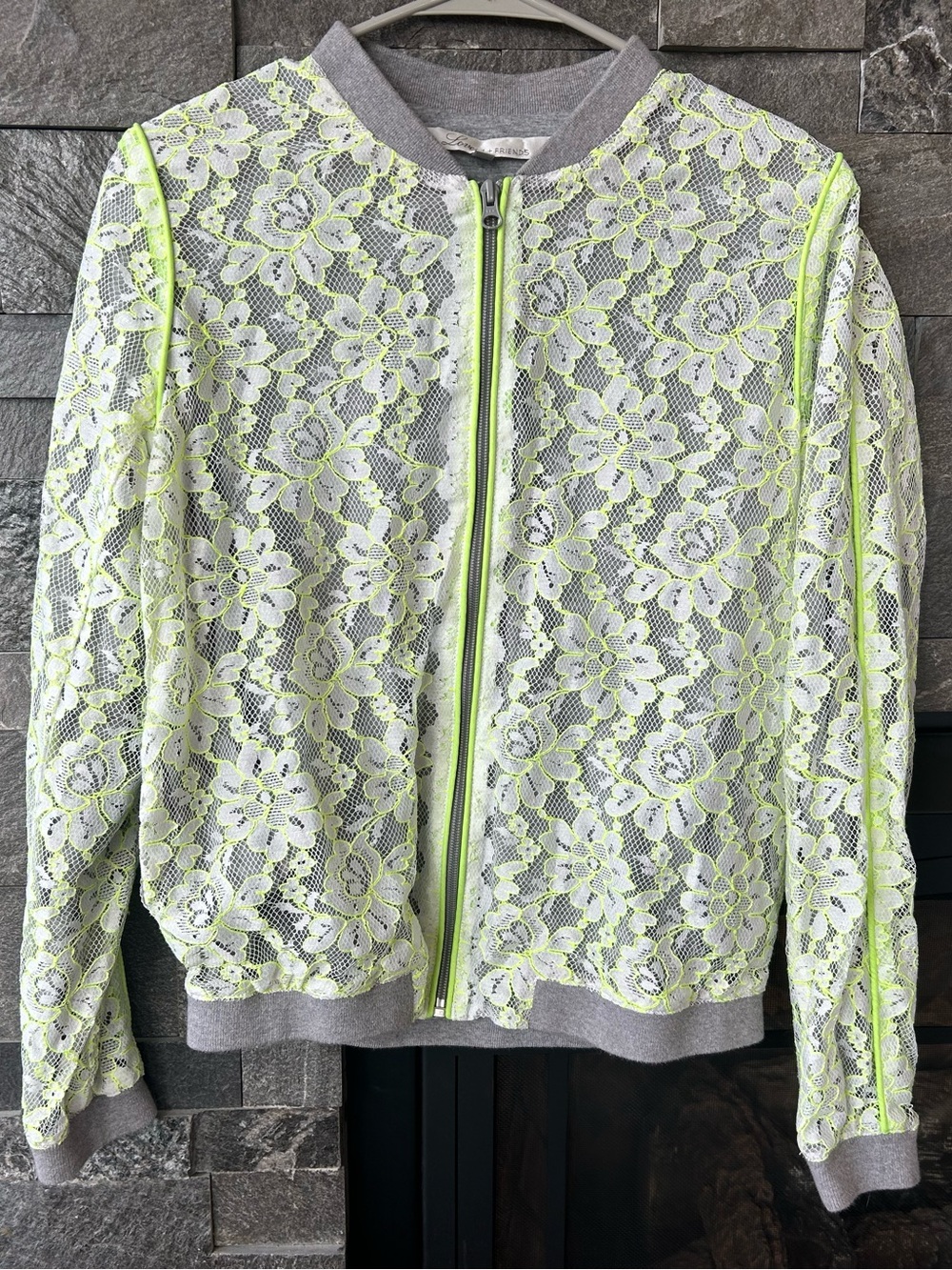 Lovers + Friends Grey Lace Zip-Up Sweatshirt w/ Neon Green Detailing